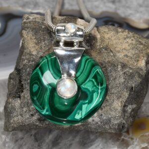 Malachit Anhänger, 925er Silber, Edelsteinanhänger (15886), Donut mit Mondstein