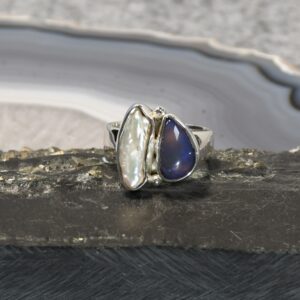 Schwarz Opal Ring, 925er Silber, Edelsteinring (24229), mit Biwaperle