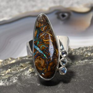 Boulder Opal Ring, 925er Silber, Edelsteinring (24286), mit Mondstein